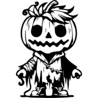 Halloween character in old tattered clothes with head of a creepy pumpkin in monochrome. Simple minimalistic in black ink drawing on white background vector