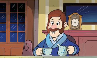 man sit at desk pouring tea in cup from kettle. Smiling guy enjoy warm coffee in mug at home. illustration. vector