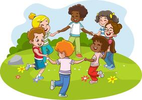 Group of cute happy little children, boys and girls, holding hands and dancing in circle, having fun playing together with smile on their faces. vector