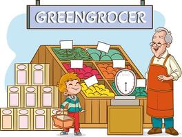 Children shopping at the stall of a grocery store or marketplace.Man selling food products at the local farmers market. cartoon illustration vector