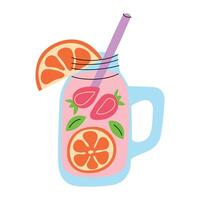 illustration of refreshing summer drink in pitcher with strawberries, orange slices. Cute colorful flat design. Lemonade, mocktail or cocktail with drinking straw icon. Cold beverage for party vector