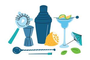 Cocktail accessories illustrations, flat cartoon icons of shaker, strainer, lemon, and glass. Bartending instruments, mixology tools for summer parties, and refreshing drinks, beverages decor vector