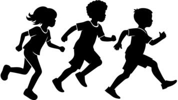 silhouettes of running children illustration, group of active kids playing clipart graphic, front view vector