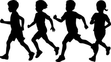 silhouettes of running children illustration, group of active kids playing clipart graphic, front view vector