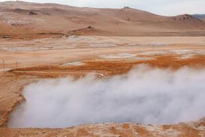 Geothermal Hot Spring in Hverir Geothermal Area Near Lake Myvatn, Iceland photo