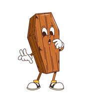 Cartoon groovy Halloween coffin casket character vector