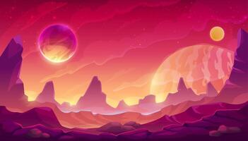 Fantastic space planet surface, mars red mountains vector