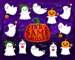Halloween game worksheet, find two same ghosts vector