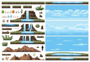 Dinosaur era environment pixel game assets set vector