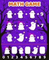 Halloween math game with cartoon ghost characters vector
