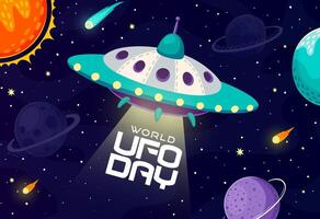 World ufo day banner features cartoon alien saucer vector