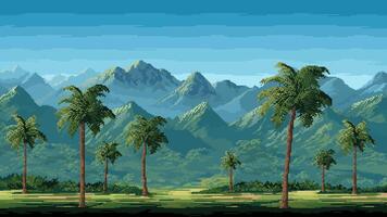 8 Bit pixel art jungle forest game level landscape vector