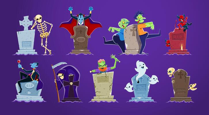 Cartoon Halloween scary characters near tombstones