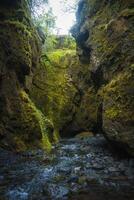 Moss-Covered Canyon with Stream and Steep Rock Walls in Iceland photo