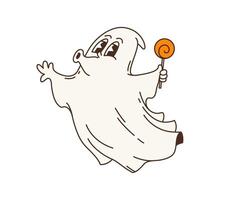 Cartoon retro groovy Halloween ghost with lollipop vector
