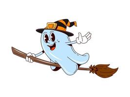 Cartoon groovy Halloween ghost witch character vector