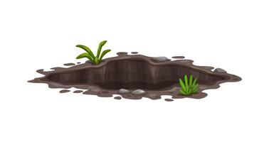 Ground hole or pit burrow in earth, deep dirty dig vector
