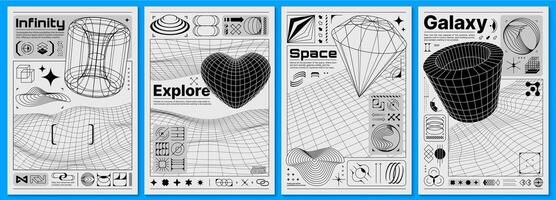 Brutalism posters with y2k forms, 3d retro shapes vector