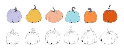 A set of pumpkins in various shapes, black and colored. Elements for autumn decorative design, halloween invitation, Thanksgiving day, harvest. collection of cute hand drawn pumpkins on vector