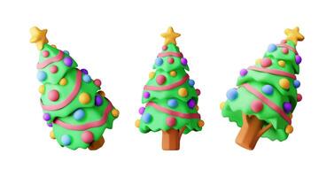 3D set of christmas tree decorated with balls, golden star. Render collection of spruce, evergreen tree. Greeting card, festive poster, party invitations. New year. vector