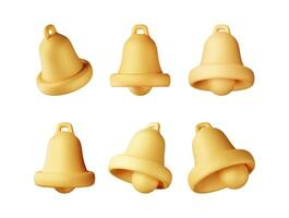 3D set of notification bell icon. Collection of golden render ringing bell. Gold school bell. Retro christmas ring handbell. Alert and alarm. Social media notification reminder. vector