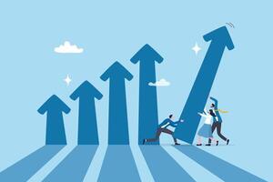 Teamwork to help business growth, team success or increase performance, improvement or growing business, career growth or effort to succeed concept, business people team help build growth graph chart. vector