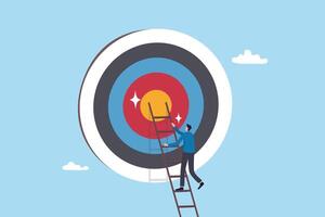 Climb up ladder to reach target or goal, aspiration to success, growth or aiming to achieve target, objective or purpose, motivation to winning concept, businessman climbing ladder to business goal. vector