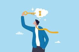 Unlock potential, discover key to solution solving problem, open mindset for new opportunity, think to develop idea, achievement or freedom concept, businessman put key to keyhole in thought bubble. vector