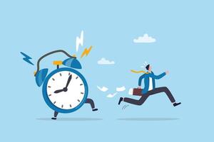 Late, hurry to go to work, rushing or running fast before deadline, speed or busy job, pressure or challenge to finish work in time, urgency concept, frustrated businessman hurry running to work late. vector