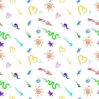 Fun Doodle sketch style of colorful shapes and lines on white background. colorful figure heart, star, sun and waves doodle seamless pattern vector