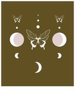Banner Mystical moon phase and Butterfly, alchemy esoteric magic space, sacred wheel of the year, isolated on brown background. Black poster with minimalistic style abstract trendy illustration vector