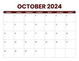 October Calendar 2024, monday start with autumn theme vector