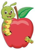 Smiling green caterpillar inside a red apple with leaf. Perfect for children books, nature magazines, educational materials vector