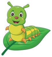 Green caterpillar with yellow stripes, smiling on a leaf. Perfect for nature, wildlife, insect, and gardening concepts in design projects vector