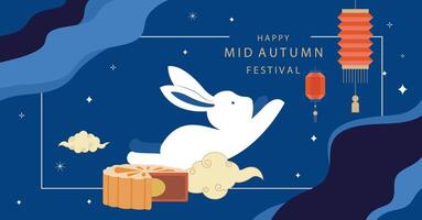 mid-autumn festival background with rabbit,mooncake and lantern. for horizontal design vector