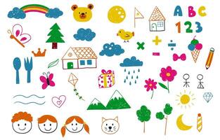 cute scribble element object with bear,tree,rainbow,123,abc,flower vector