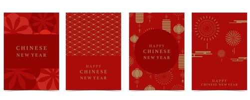 Happy Chinese New Year on red background with firework,lantern.Editable illustration for vertical A4 design vector