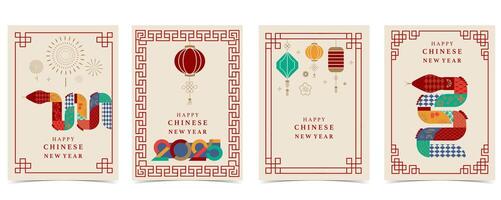 Happy Chinese New Year on red background with snake,lantern.Editable illustration for vertical A4 design vector