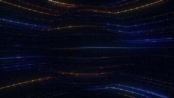 Technology background with glowing amber and blue neon light beams and flashing digital data lights. Data visualization or network server concept. Sleek high-tech looping background. video