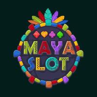 Game icon for Maya slot. Round granite frame design element. APP icon with playing card suit symbols vector