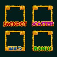 Golden Maya or Aztec carton game frames for slot icons. Jackpot, Bonus, Wild and Scatter frames. UI objects vector