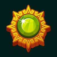 Aztec solar disk with a green round gemstone for your games or slots. Maya golden frame. Sun symbol, and diadem, representing the Aztec sun vector