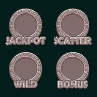 Round stone frame. Empty Maya or Aztec circles game frames for Jackpot, Bonus, Wild and Scatter slot symbols. APP frames vector