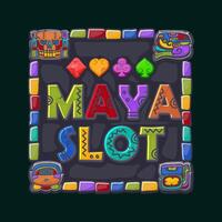 Game icon for Maya slot. Cartoon Maya tribal symbols. Ancient granite frame design element. APP icon with playing card suit symbols vector