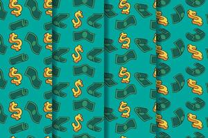 set of green money and 3d dollar symbol cartoon pattern for packaging and printing. seamless pattern of doodle falling money bill and dollar icon illustration. dollar money pattern background set. vector