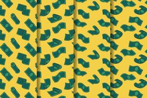 set of green money cartoon pattern for packaging. cash flow seamless pattern background. seamless pattern of falling money or cash. doodle raining money bill pattern collection for print and wallpaper vector