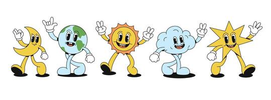 Set of funny cloud, sun, moon, star and earth in retro style. Groovy characters with faces, arms and legs. illustration. vector