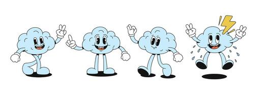 Set of funny clouds in retro style. Groovy characters with faces, arms and legs. illustration. vector