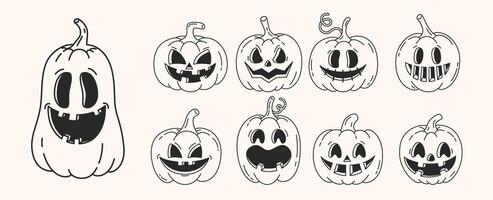 Set of Halloween retro pumpkin in groovy style. Funny outline pumpkin with smile. illustration. vector