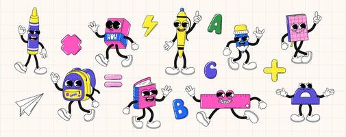 Set of school supplies in retro style. Groovy characters with faces, arms and legs. illustration. vector